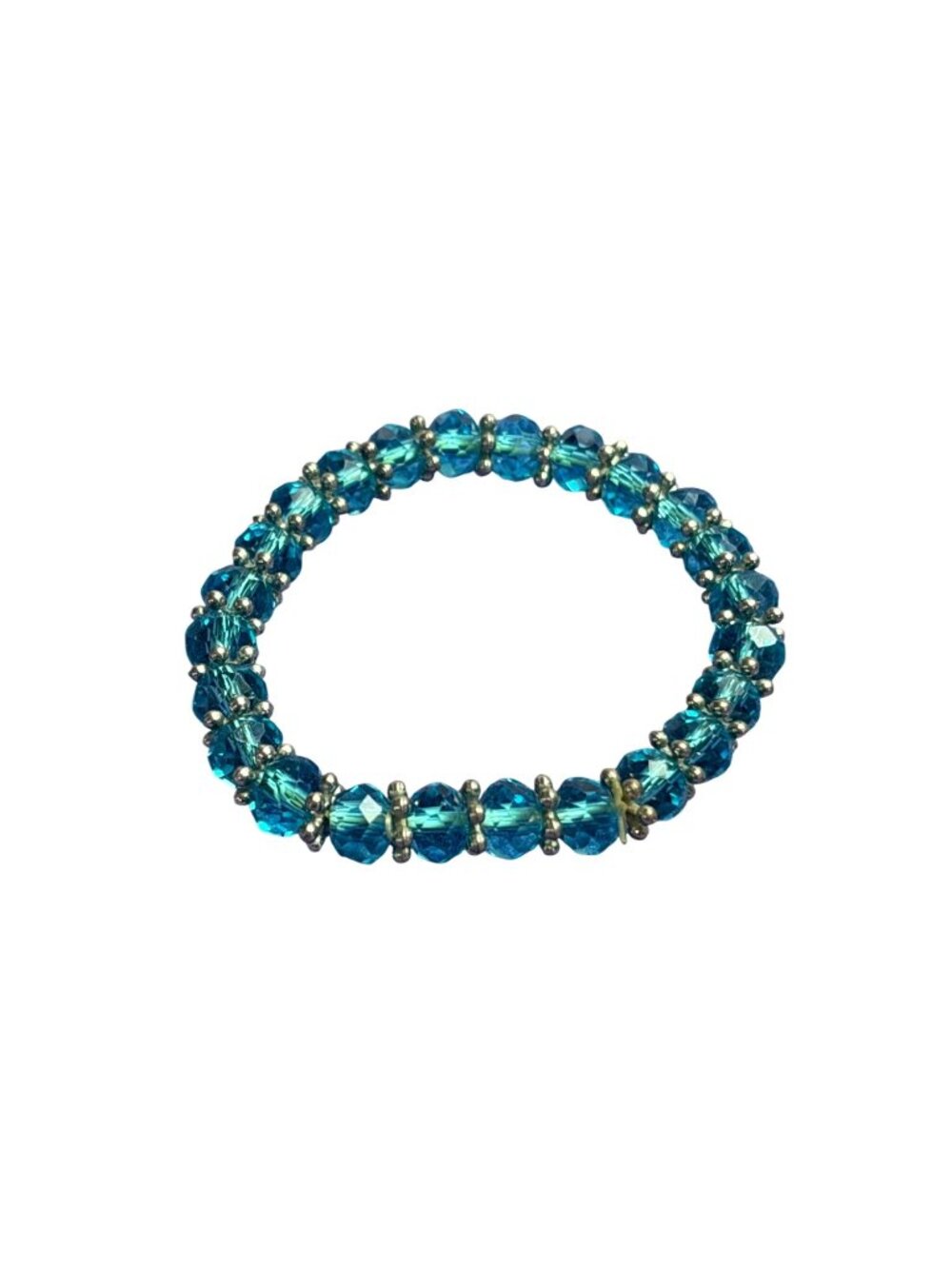 Faceted Bright Blue Glass Beaded Stretchy Bracelet Silvertone 6 inch Unstretched
